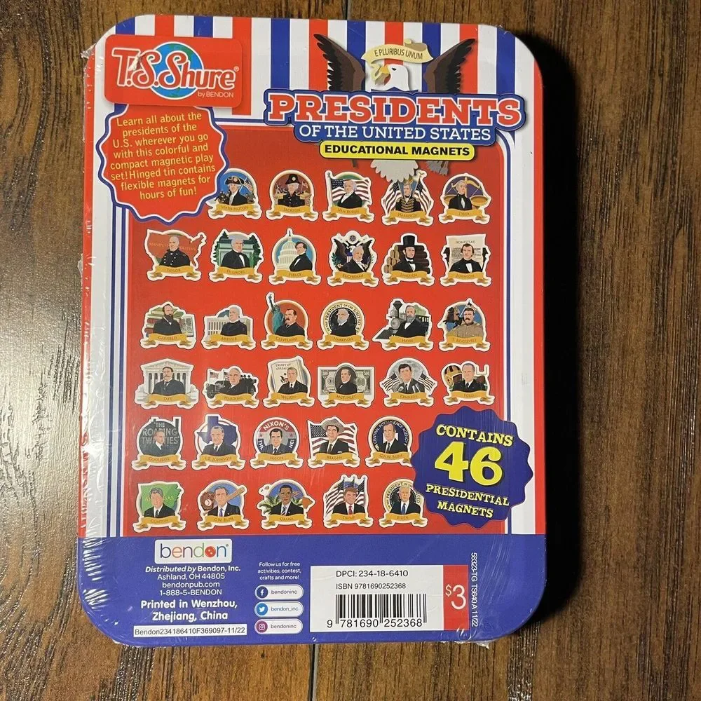 New Sealed T.S. Shure U.S. Presidents Magnets Educational Materials in Metal Tin